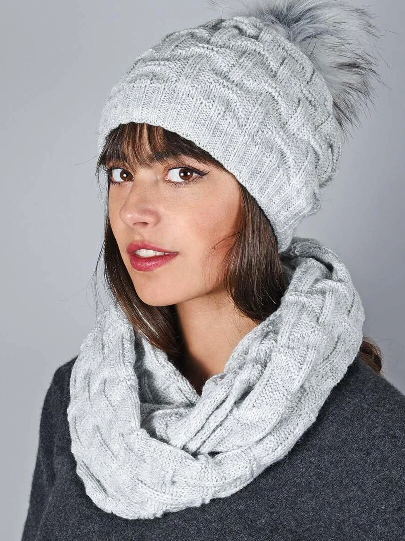 Ensemble Snood Bonnet Nora Made in UE Gris clair