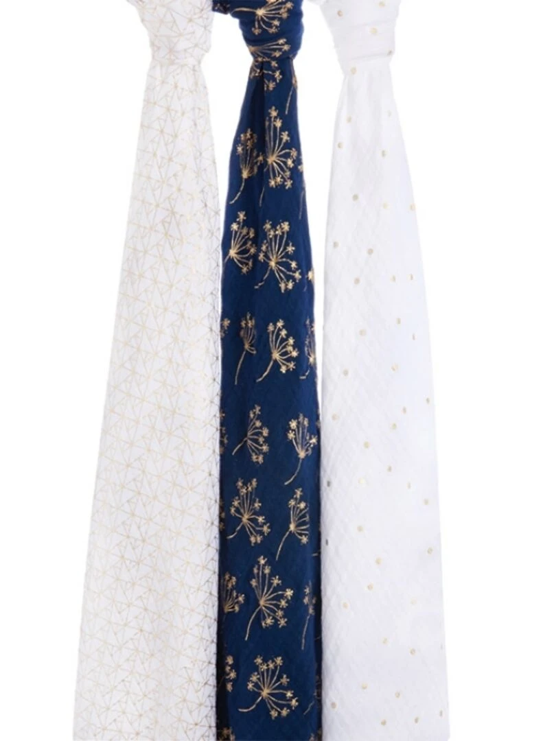 Lot de 3 maxi langes métalliques Gold deco (120 x 120 cm) Bleu