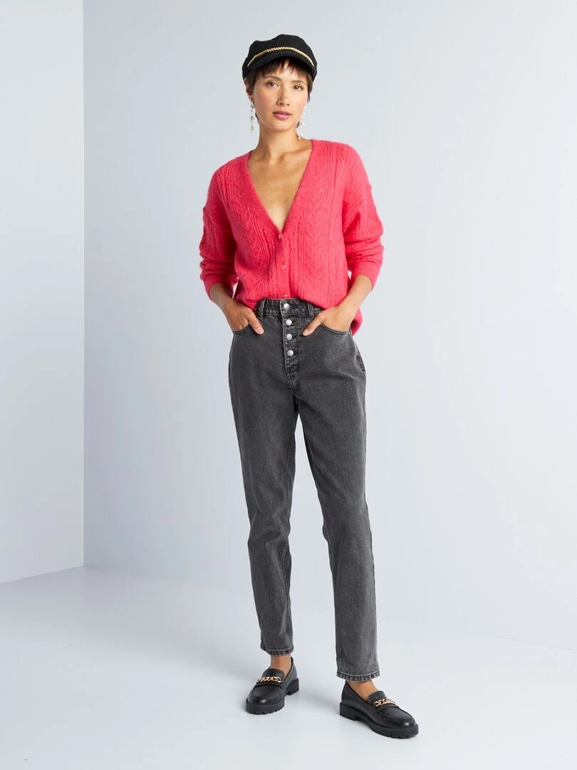 Gilet boutonné en maille ajourée rose azalée