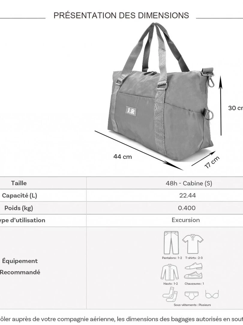 Sac de voyage week end 22L sans roulettes Gris