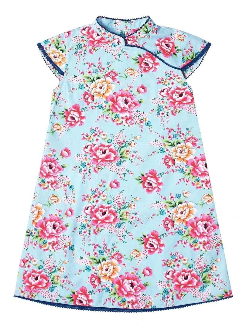 Robe Chinoise Fleurie  Turquoise Fille  Col Mao  ANNAM   La Faute à Voltaire   Bleu turquoise