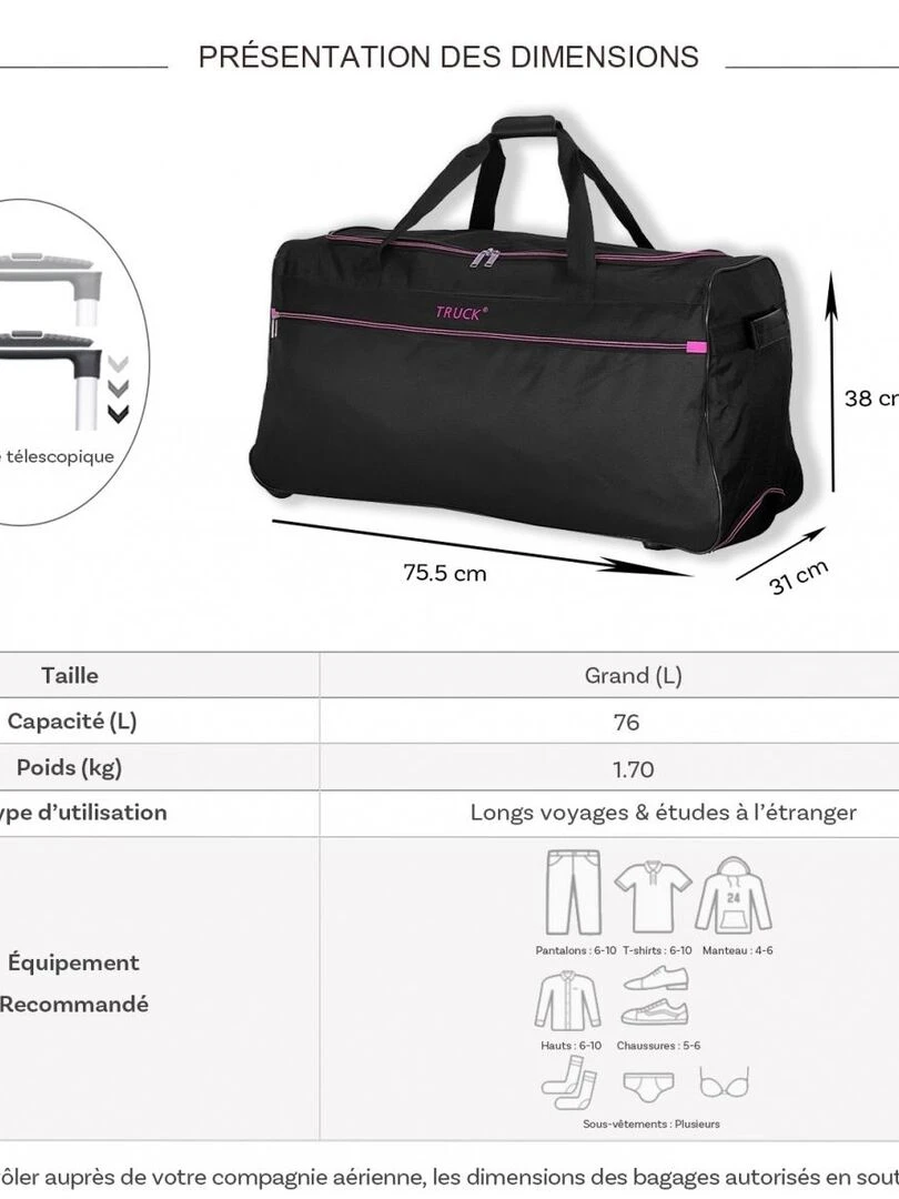 Sac de voyage avec roulettes 76L polyester taille L 75 Rose