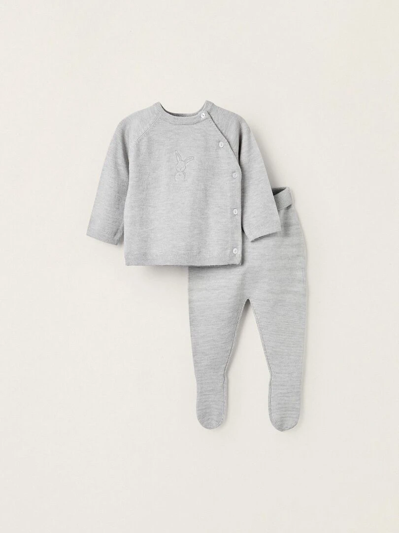 Manteau + Pantalon en Maille avec Pieds pour Nouveau Né 'Lapin' EARLY BLOOM Gris clair