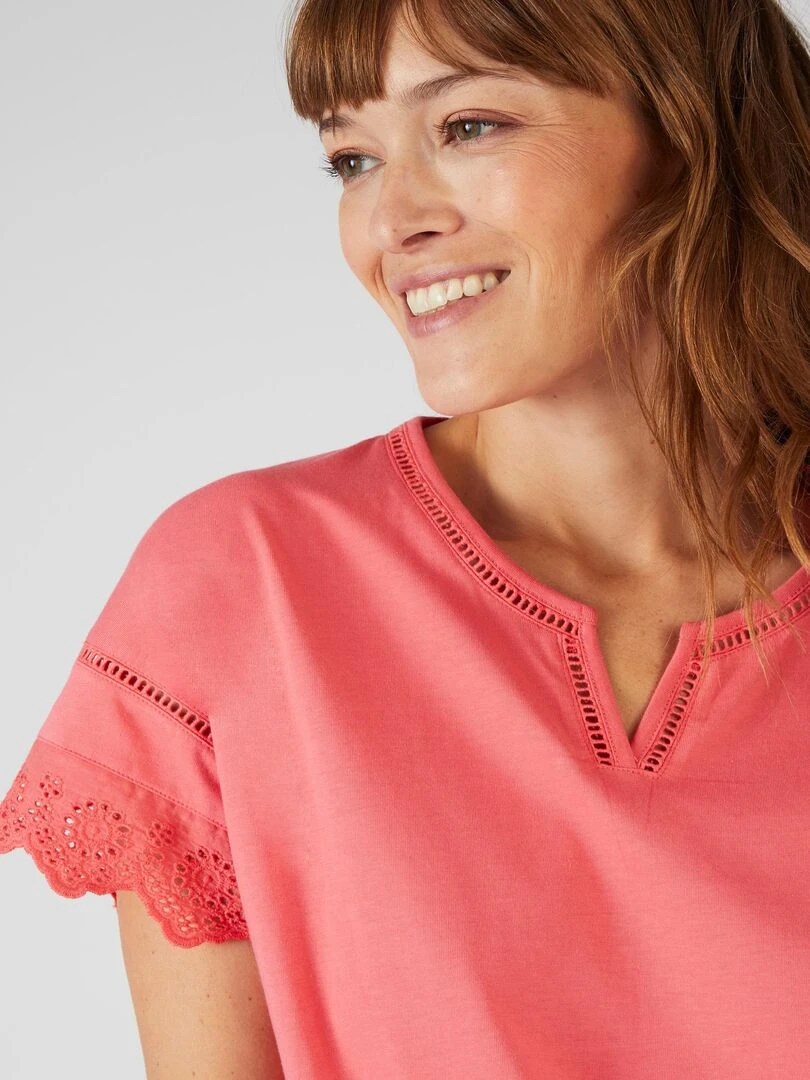 T shirt broderies anglaises pur coton Damart Orange corail