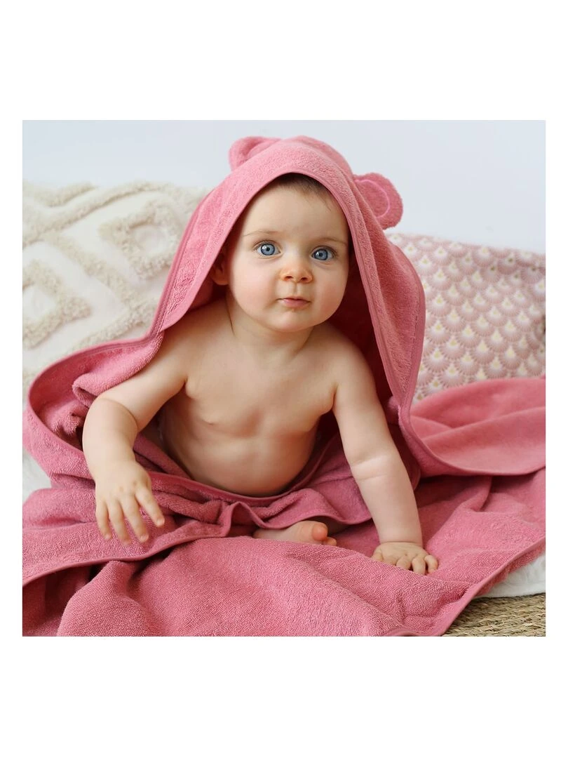 Cape de bain + gant ours rose (100 x 100 cm) Rose