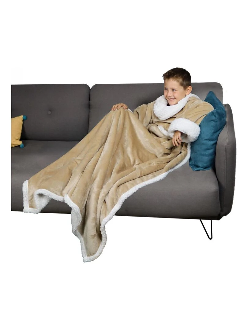 Couverture polaire plaid intégral avec manches et poche Sherpa et flanelle Vivezen Beige