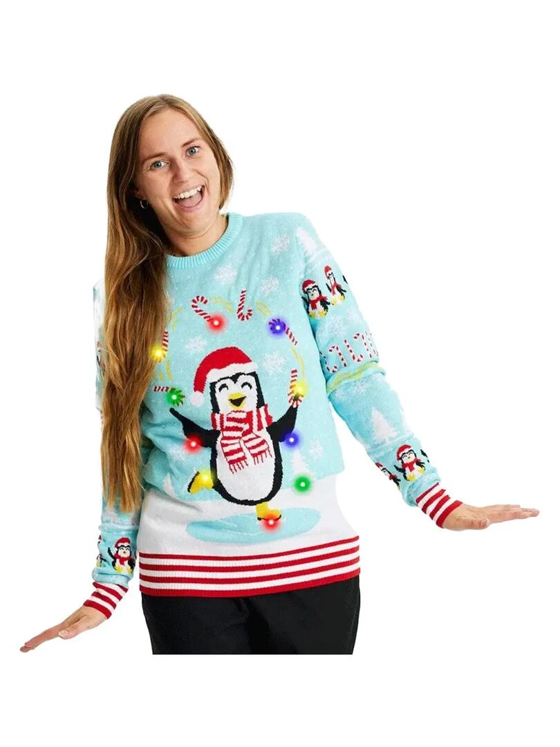 Pull de Noël "Pingouin" Avec LEDS lumineuses Bleu