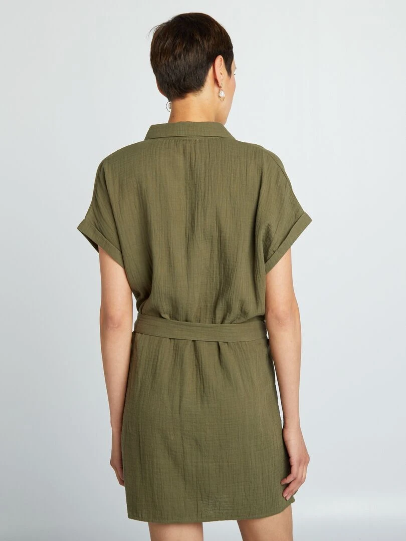 Robe courte forme chemise en double gaze de coton   Kaki