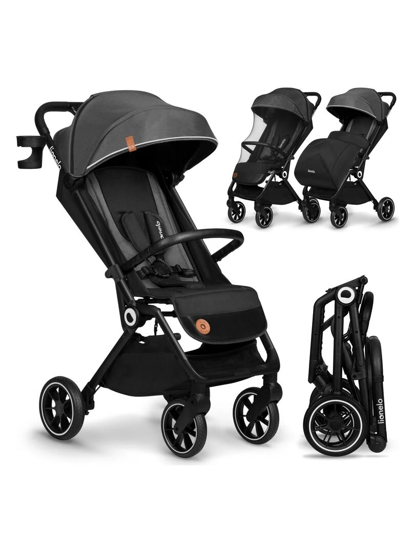 LIONELO Cloe Poussette bébé compacte Jusqu'à 22 Kg Légère & pliable Grandes Roues Gris Gris foncé