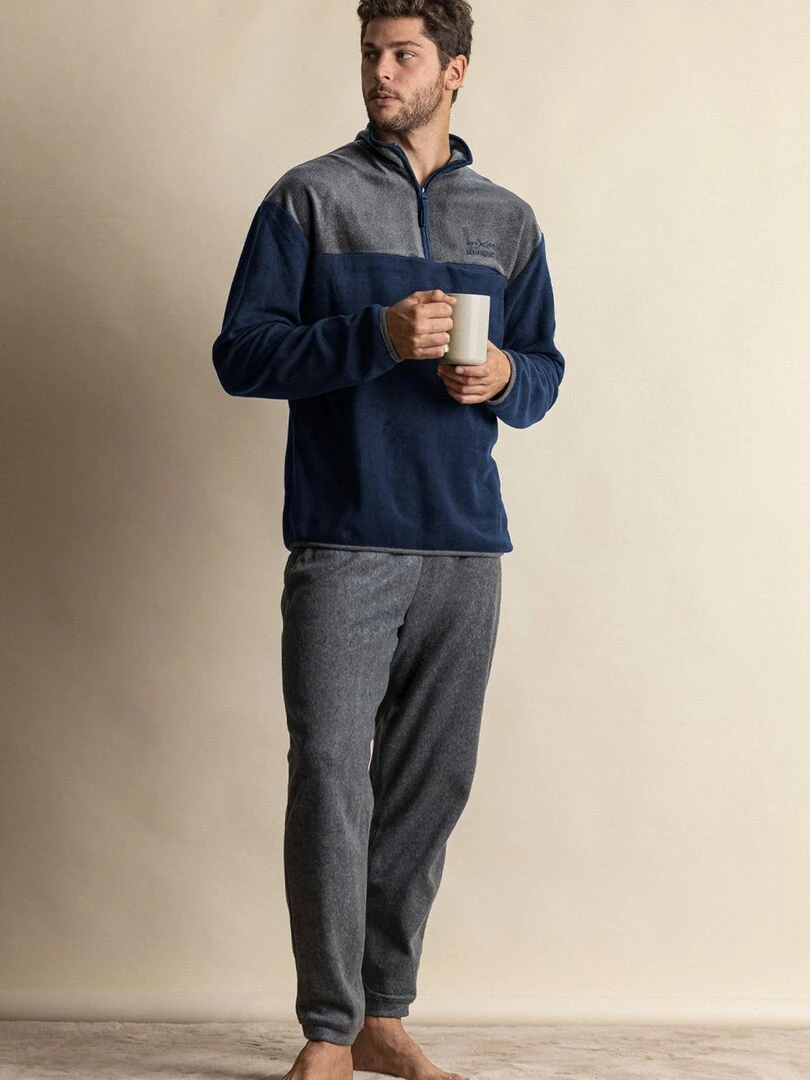Pyjama micropolaire tenue d'intérieur pantalon et haut Sport   Bleu marine
