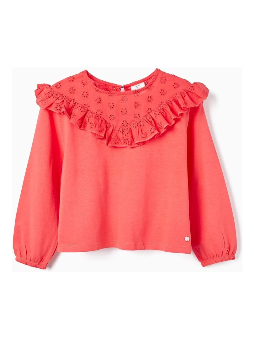T shirt à manches longues avec volants et broderie anglaise pour fille manches longues SPRING BEGINS Rose