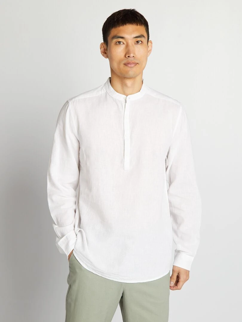 Chemise droite à col mao en lin mélangé   blanc