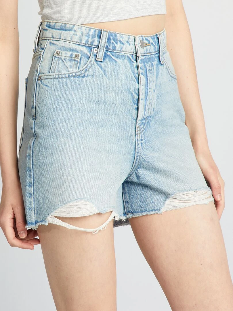 Short en jean destroy à taille haute Bleu