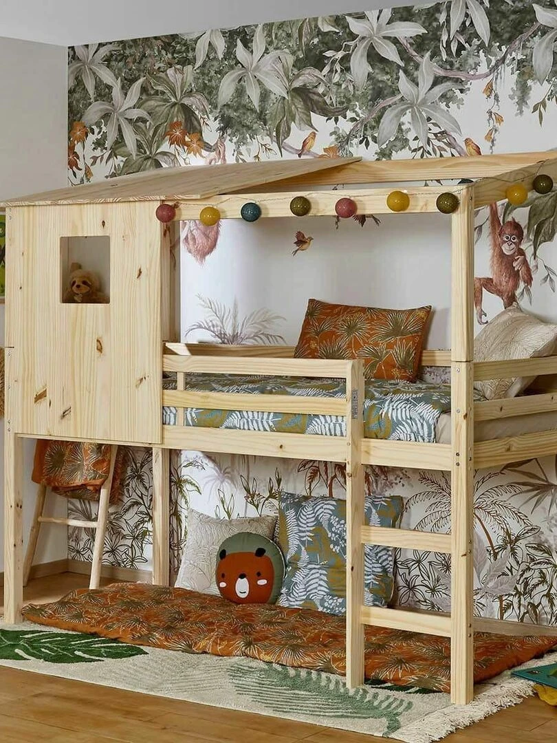 Pack lit cabane mi hauteur avec matelas Alma   AKITEN RETAIL   Marron