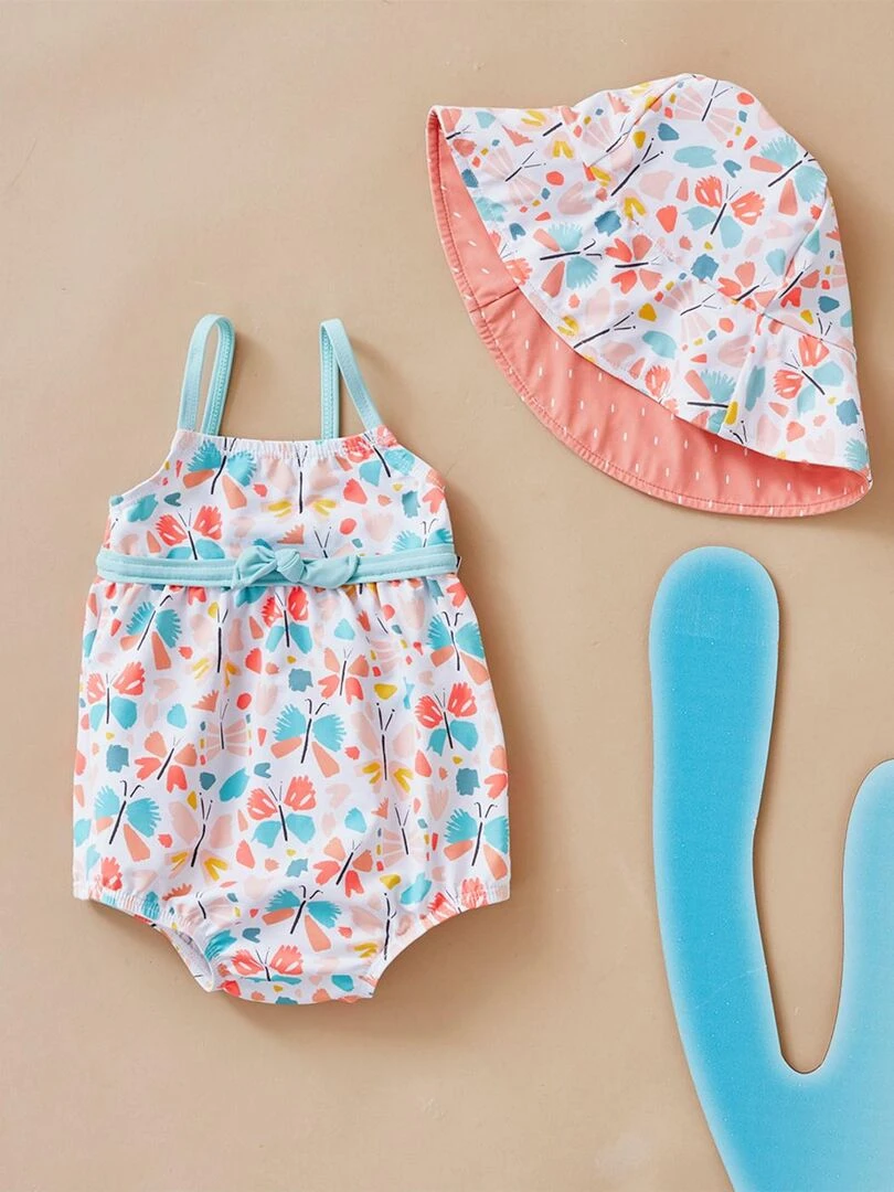 Maillot double protection à imprimé papillon multicolore Archimède Rose