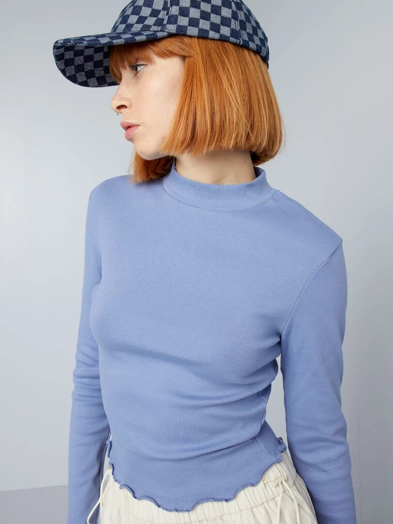 T shirt manches longues à bords volantés   Bleu