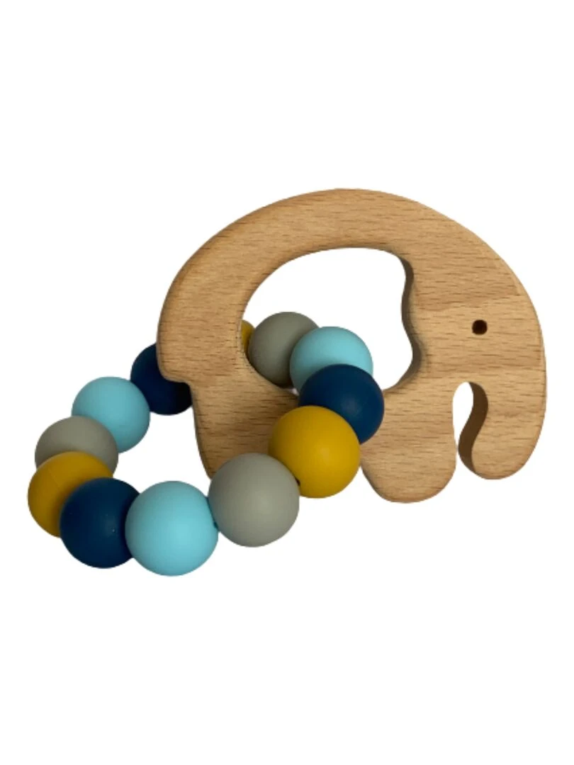 Hochet éléphant bois et silicone Bleu canard