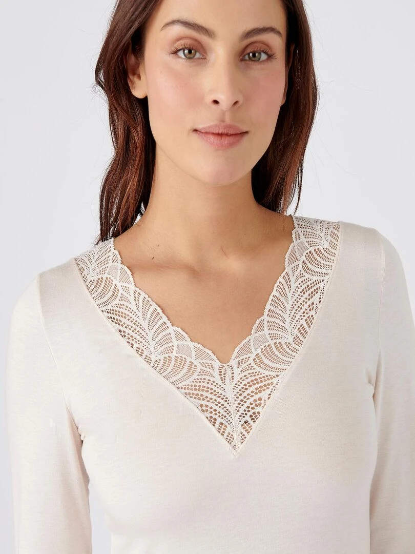 T shirt manches longues dentelle Thermolactyl invisible   Damart   Beige sable