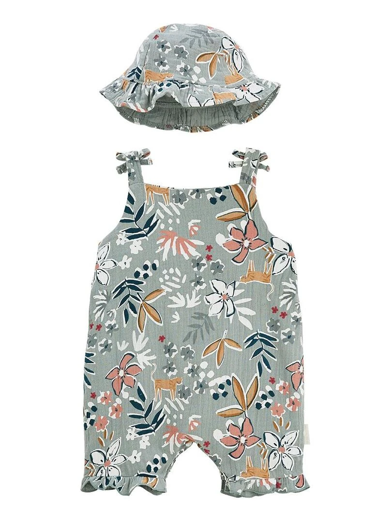 Combishort bébé et chapeau en gaze de coton Palaos Vert