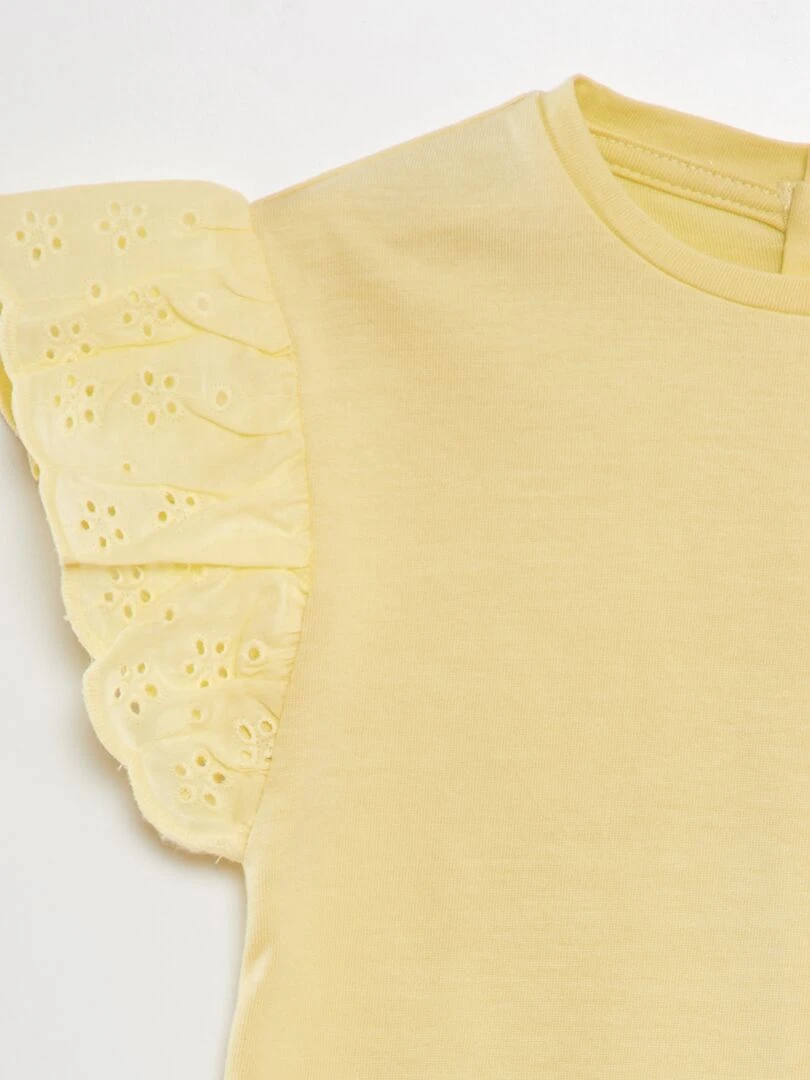 Tee shirt avec manches broderie anglaise   Jaune