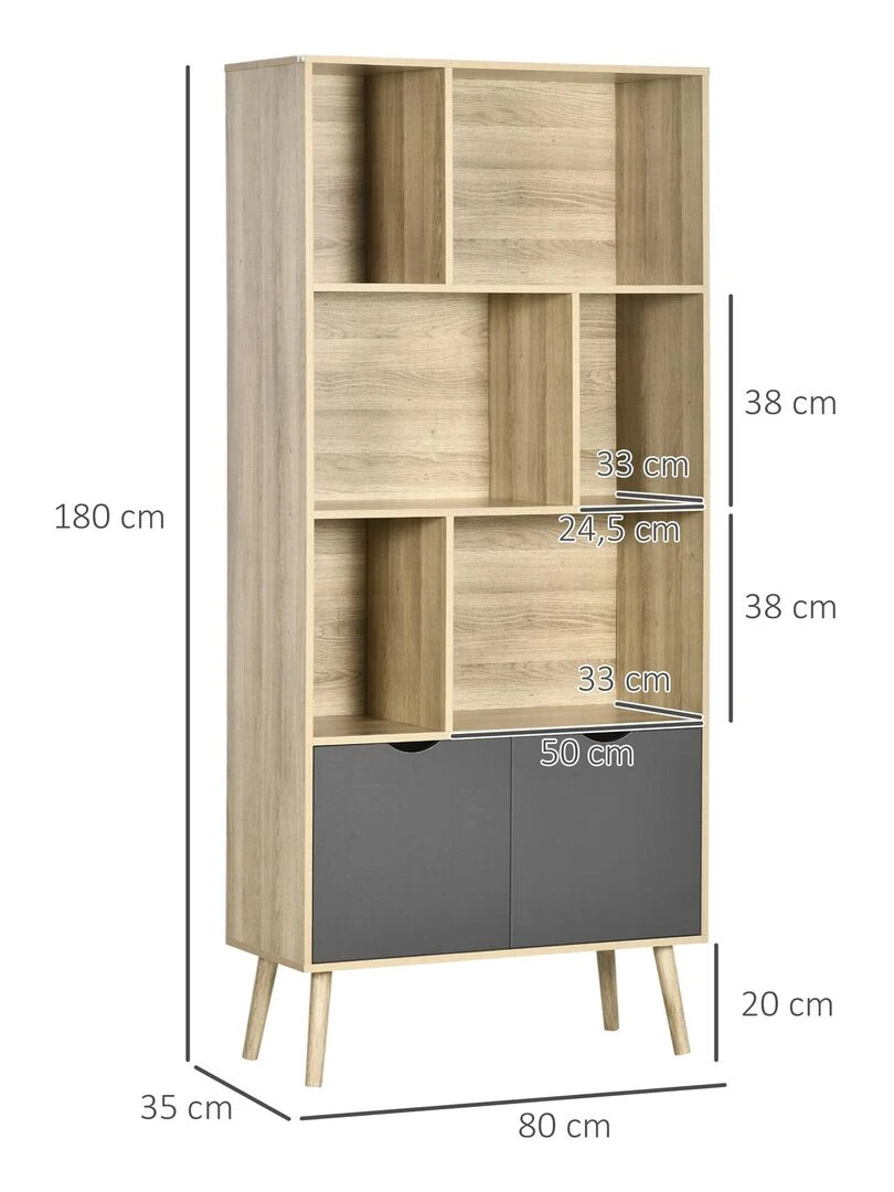 Bibliothèque design   2 portes  6 niches   dim. 80L x 35l x 180H cm   aspect chêne clair gris   Beige