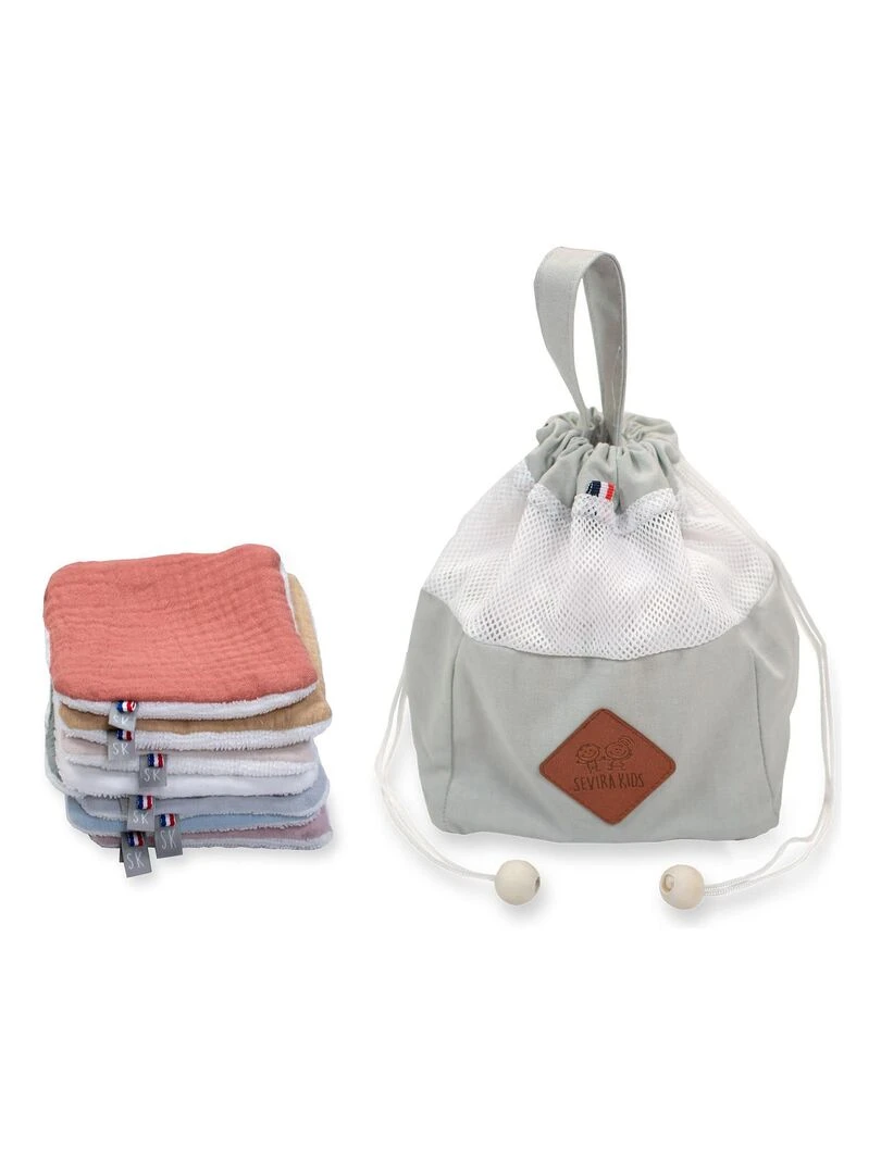 Pochon distributeur et ses 8 lingettes lavables Jeanne Gris