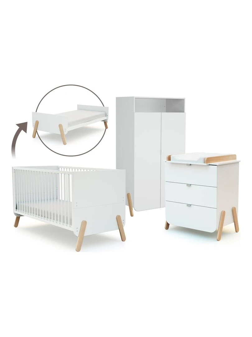 AT4 Chambre bébé lit commode à langer et armoire en bois PIRATE Blanc et Hêtre Verni Blanc Marron