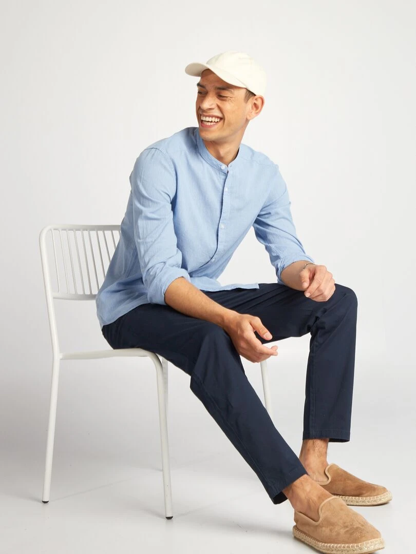Chemise à col mao en lin mélangé Bleu