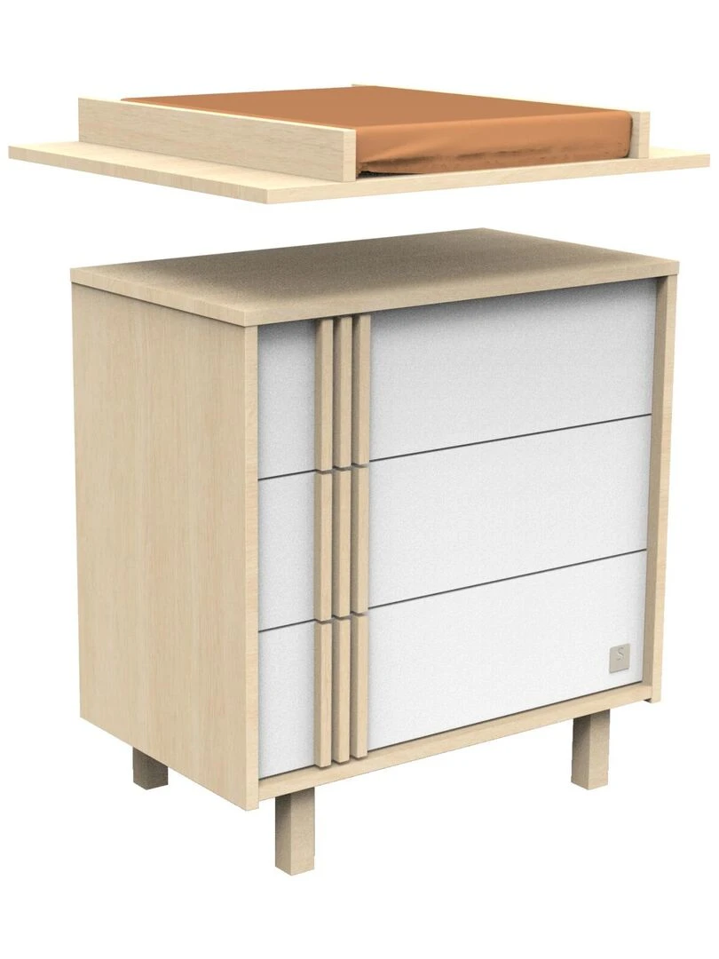 Commode 3 tiroirs en décor chêne velours et blanc avec appliques en bois   SAUTHON   Blanc