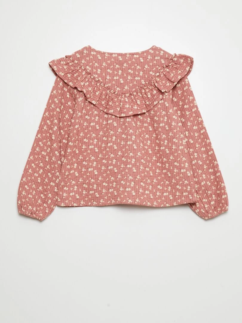 Chemisier en gaze de coton et empiècement volanté   Rose fleuri
