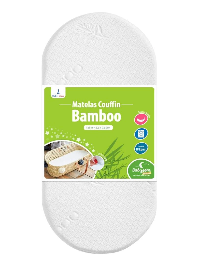 Babysom Matelas de Couffin Bamboo 72x32 cm Épaisseur 4 cm Déhoussable Blanc