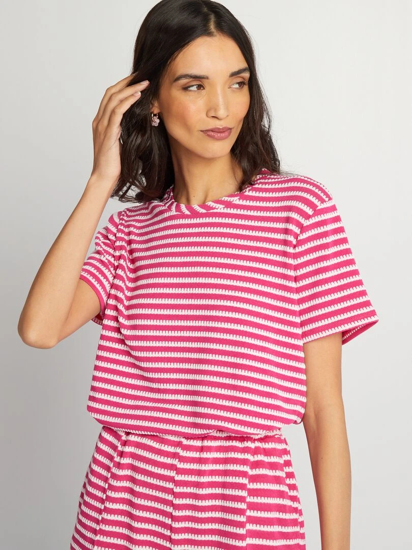 T shirt rayé en crochet   Blanc