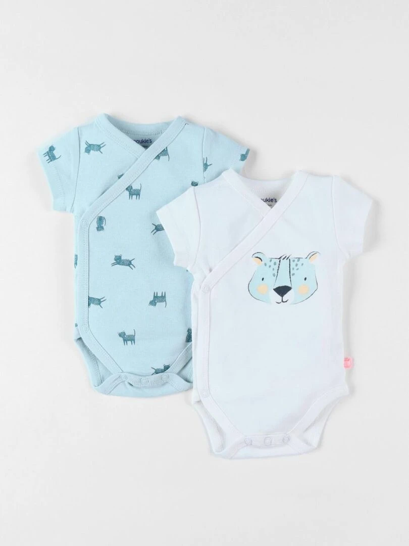 Set de 2 bodies léopard en coton écru/bleu Noukie's Blanc