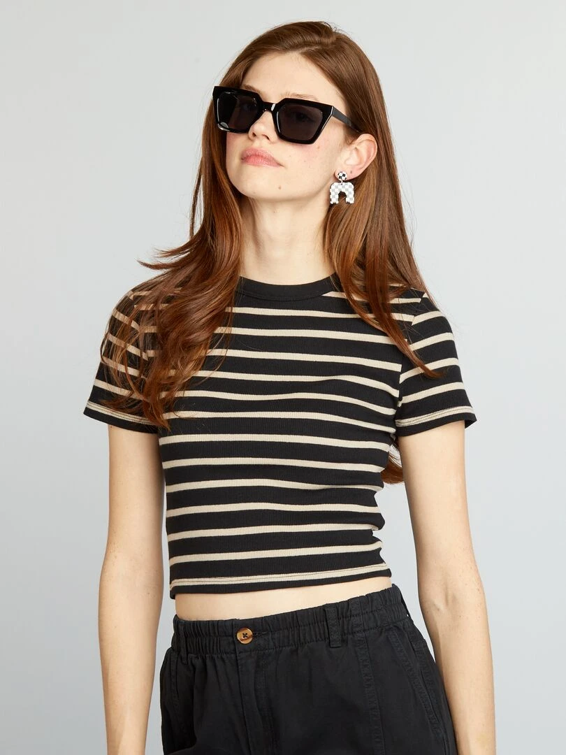 Tee shirt crop top marinière Noir/beige