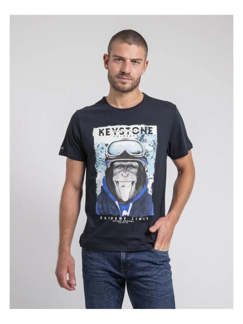T shirt col rond pur coton JACOSKI Bleu marine