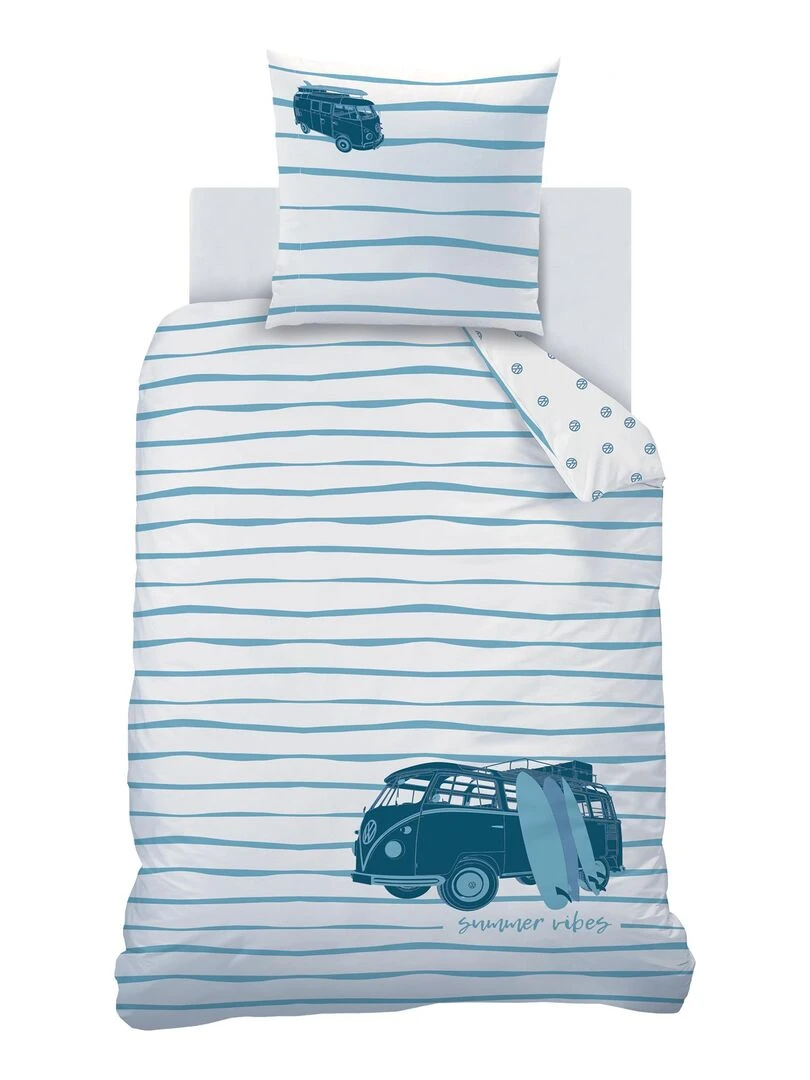 Parure de lit imprimée 100% coton  VOLKSWAGEN VIBES   Blanc Bleu
