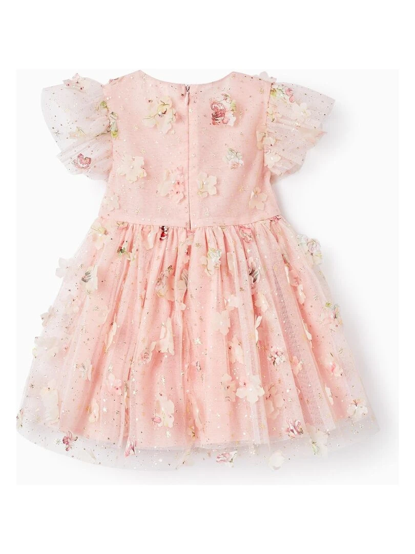 Robe en Tulle avec Fleurs pour Bébé Fille manches courtes CÉRÉMONIE Rose