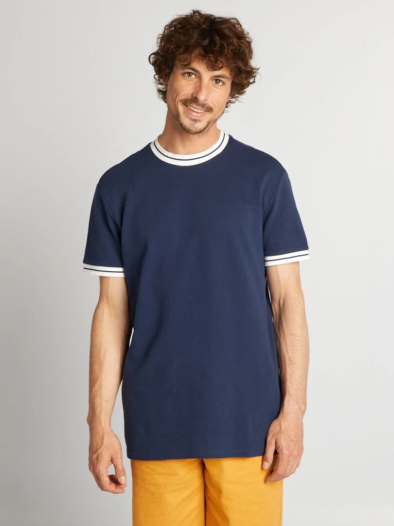 T shirt texturé à liserés contrastants Bleu nuit