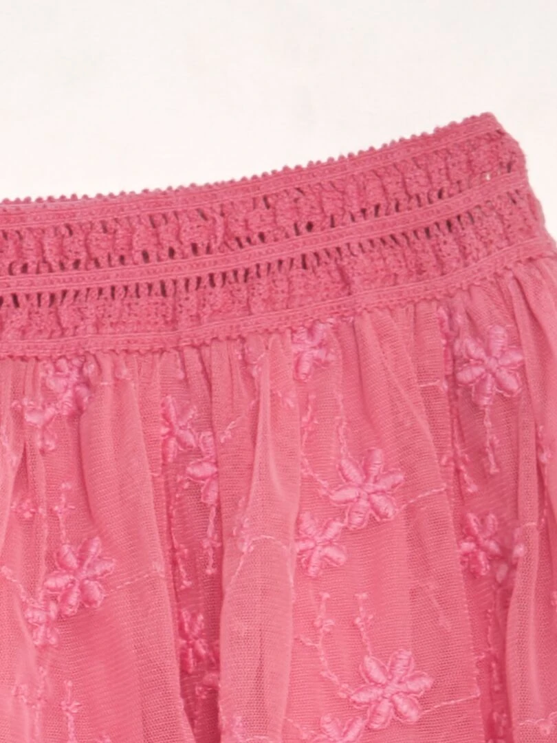 Jupe évasée en tulle brodé rose