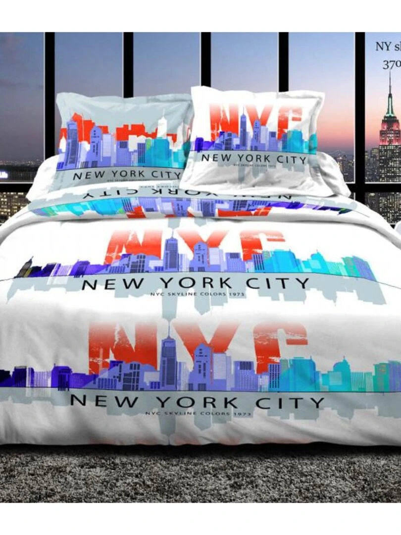 Pack Complet Ny Skyline Bleu Housse De Couette Pour Lit 160 X 200 Cm 100% Coton / 57 Fils/cm² Multicolore