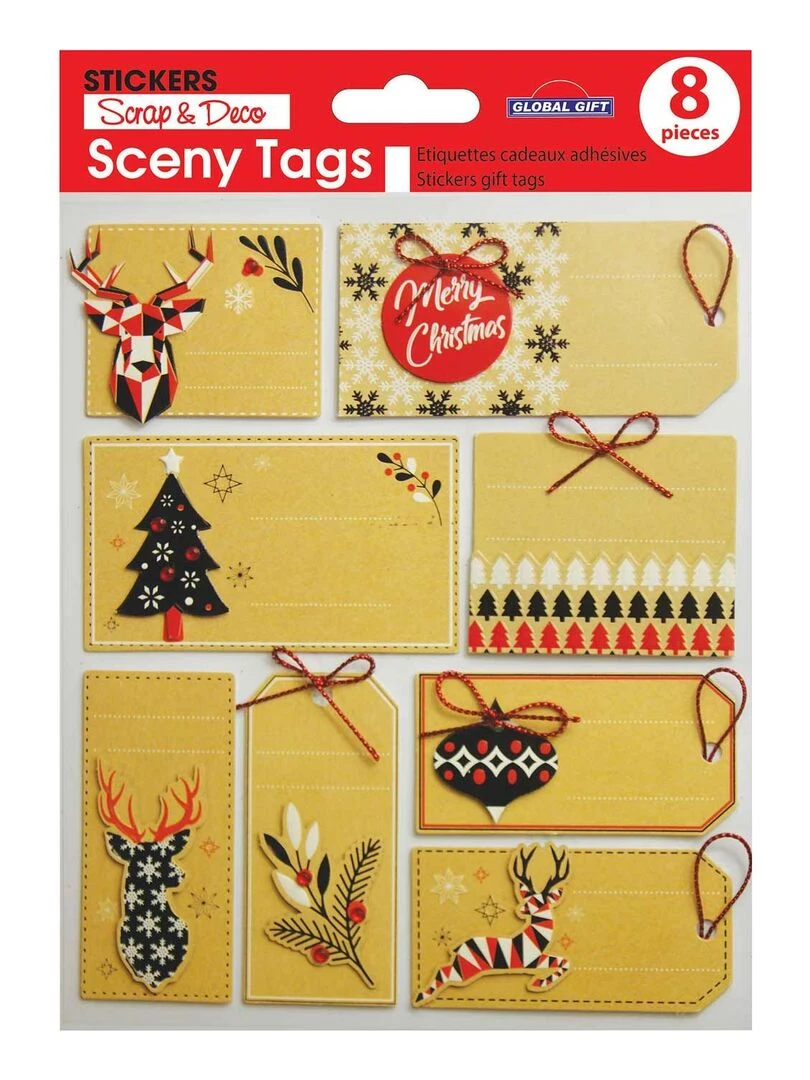 8 étiquettes cadeaux autocollantes Noël scandinave kraft N/A