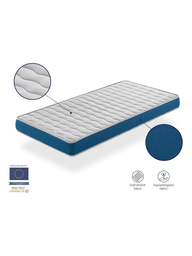 Matelas bebe 60x120 ONIX mousse Epaisseur 11 cm Respirante et ergonomique. Fermete ideal Blanc Bleu