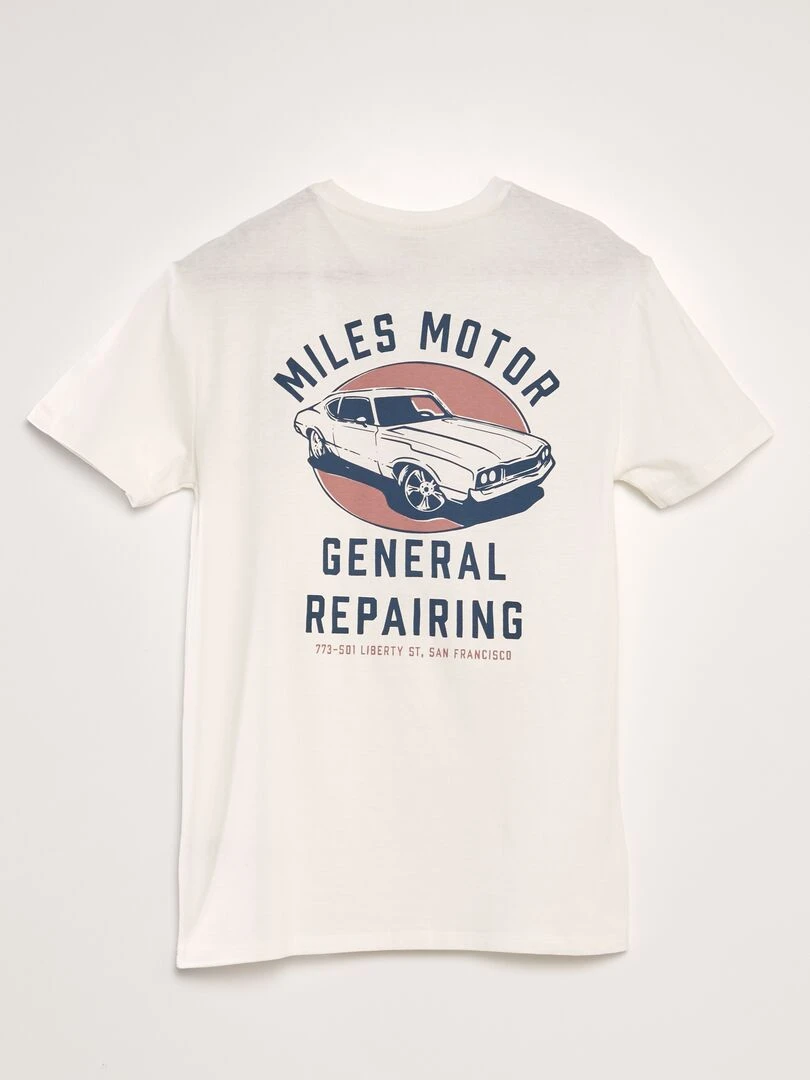 T shirt imprimé à col rond   Blanc 'miles motor'