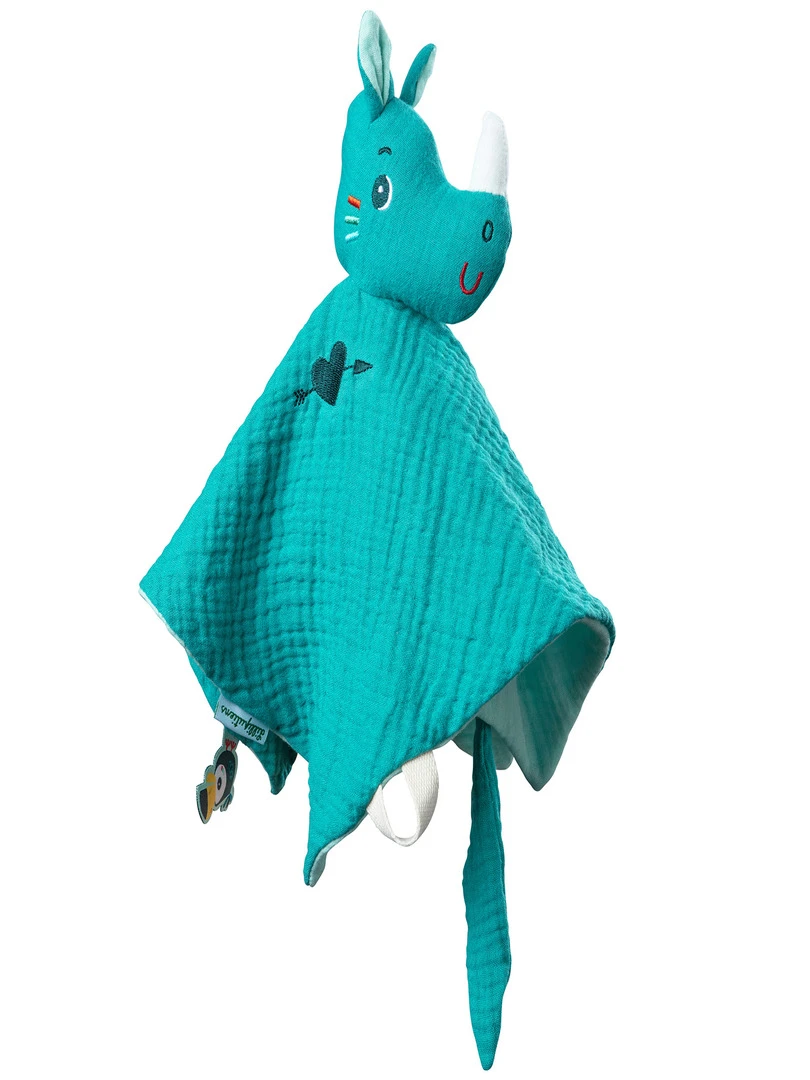 Doudou attache sucette Marius le rhinocéros Bleu