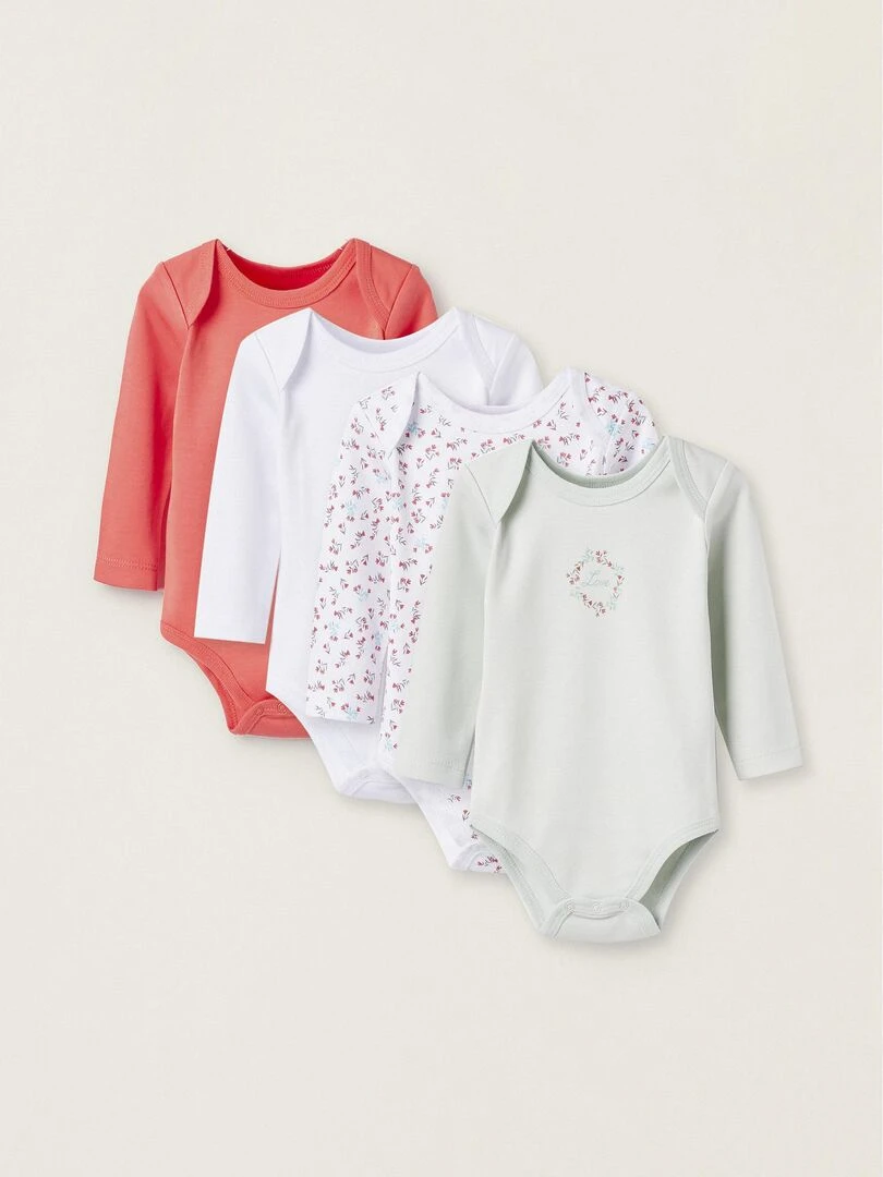 Pack 4 Bodies en Coton pour Nouveau Né et Bébé Fille manches longues ESSENTIALS LINE Multicolore