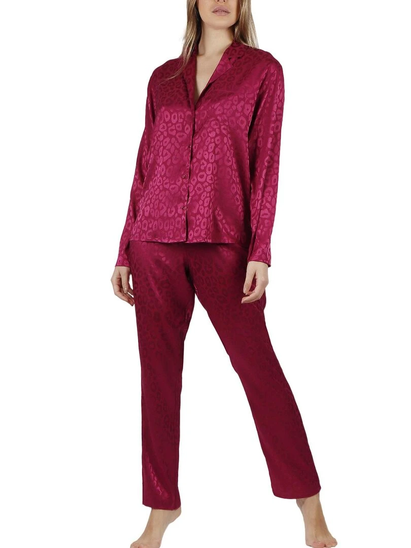 Pyjama pantalon chemise Satin Leopard Bordeaux