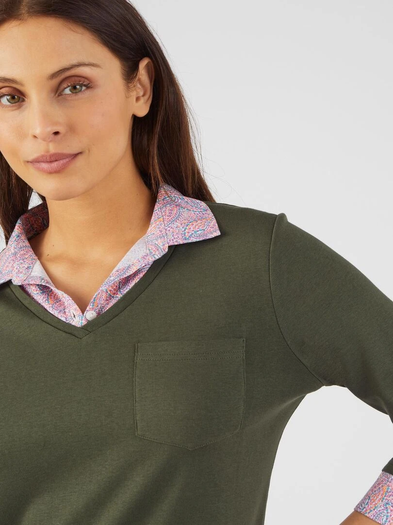 Tee shirt effet 2 en 1 coton biologique   Damart   Vert foncé