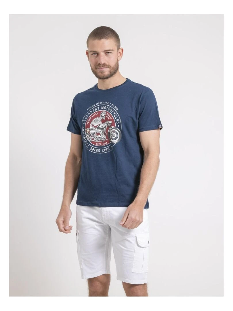 T shirt col rond pur coton NELIZIO Bleu