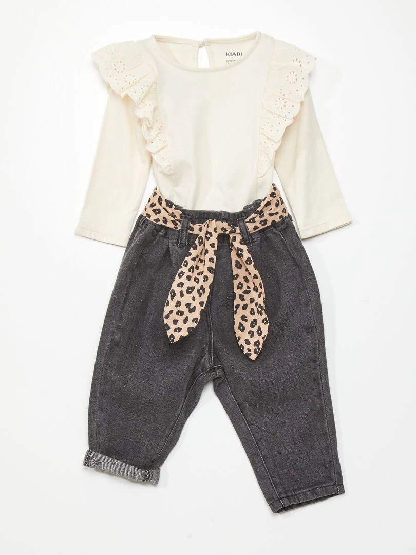 Ensemble blouse + pantalon paper bag 2 pièces Beige/noir