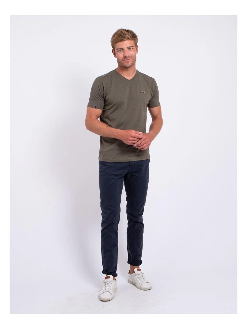 T shirt col V pur coton NERIJ   Kaki